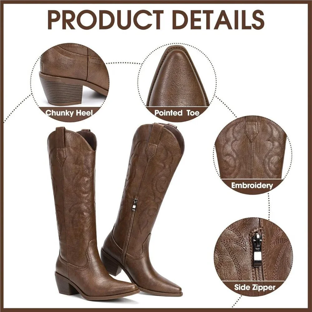 Women's Brown Knee High Wide Calf Western Glitter Sparkly Ladies Tall Boots